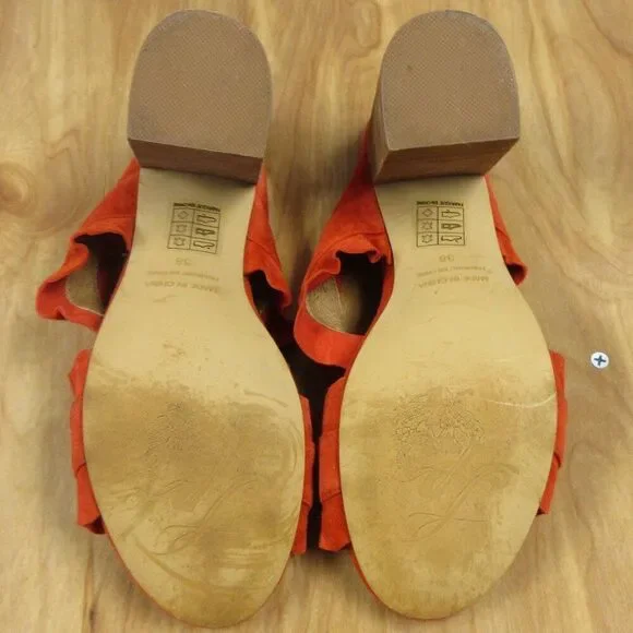 FREE PEOPLE Rosie Ruffle Heels Sz 38 Red Orange Slip On Slide Sandals Block Heel - Picture 9 of 12